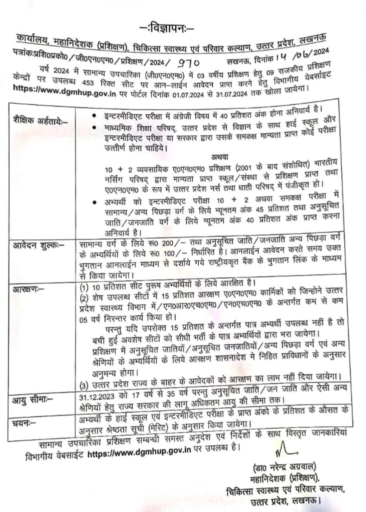 GNM Admission notification 2024