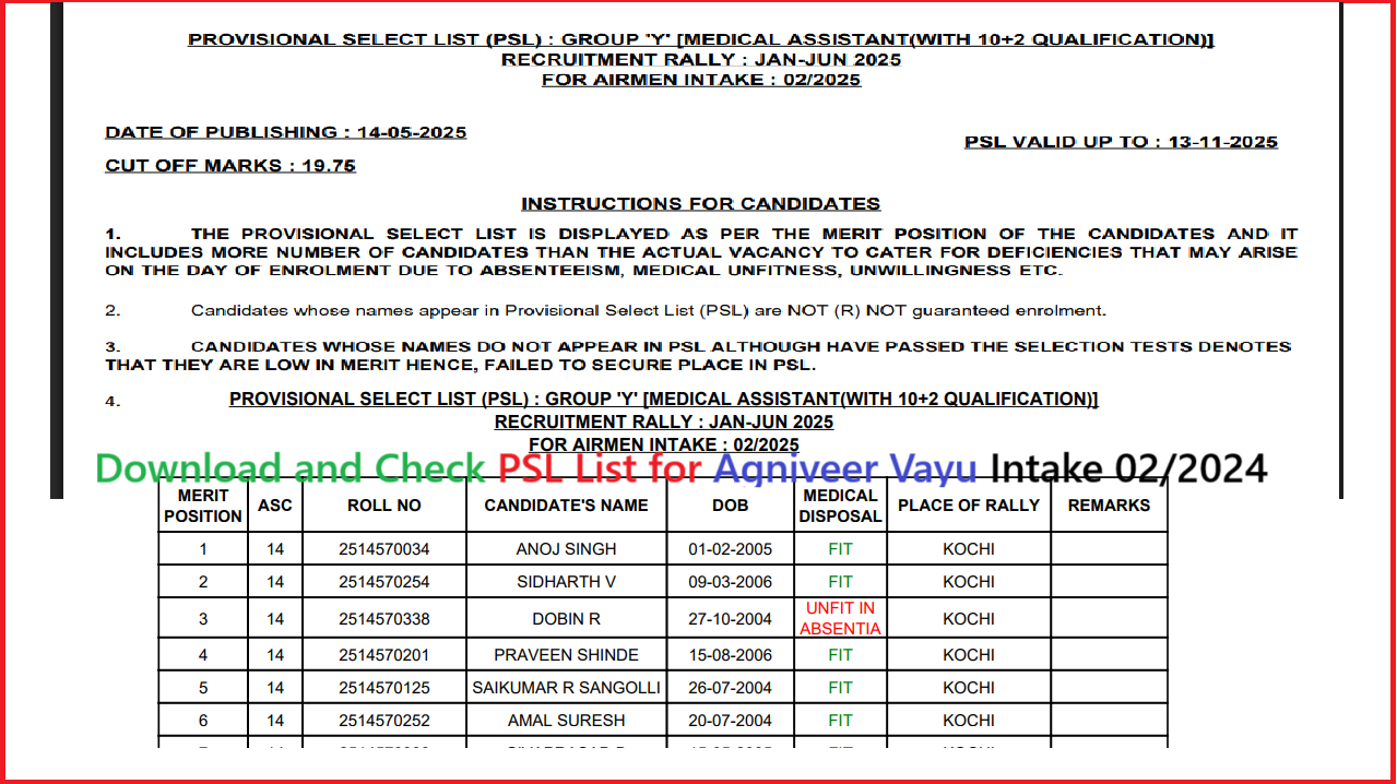 Agniveer Vayu Intake 02/2025 Batch Recruitment 2024 PSL List